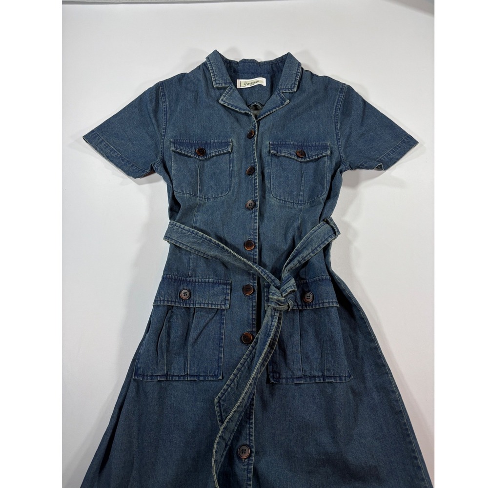 Frontrow Denim Shirt Dress Utility Cargo Belted Midi 4 Pocket 90s Style Womens M